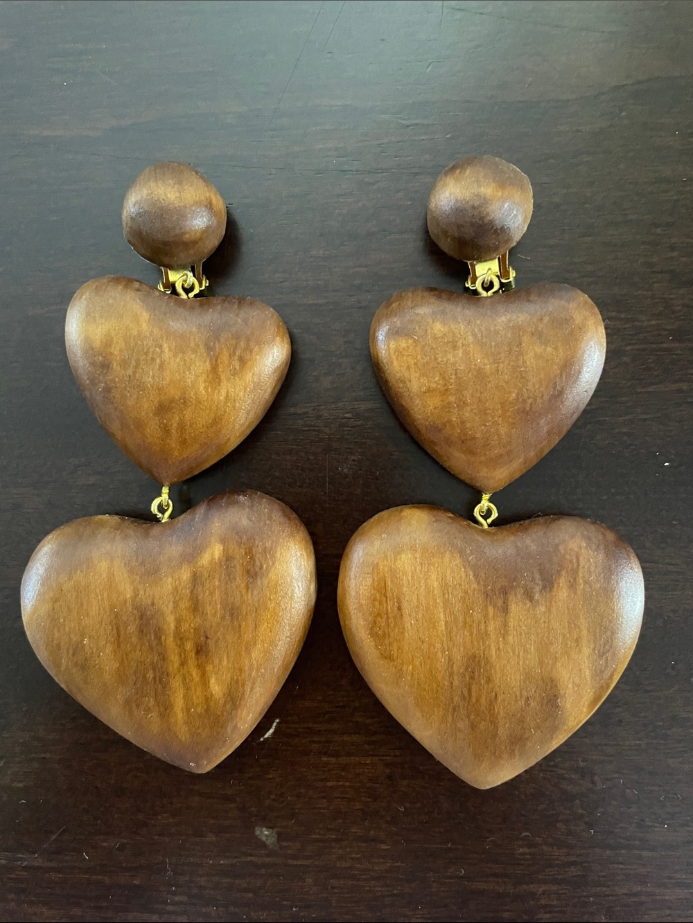 Double Heart Wood Clip-On Earrings